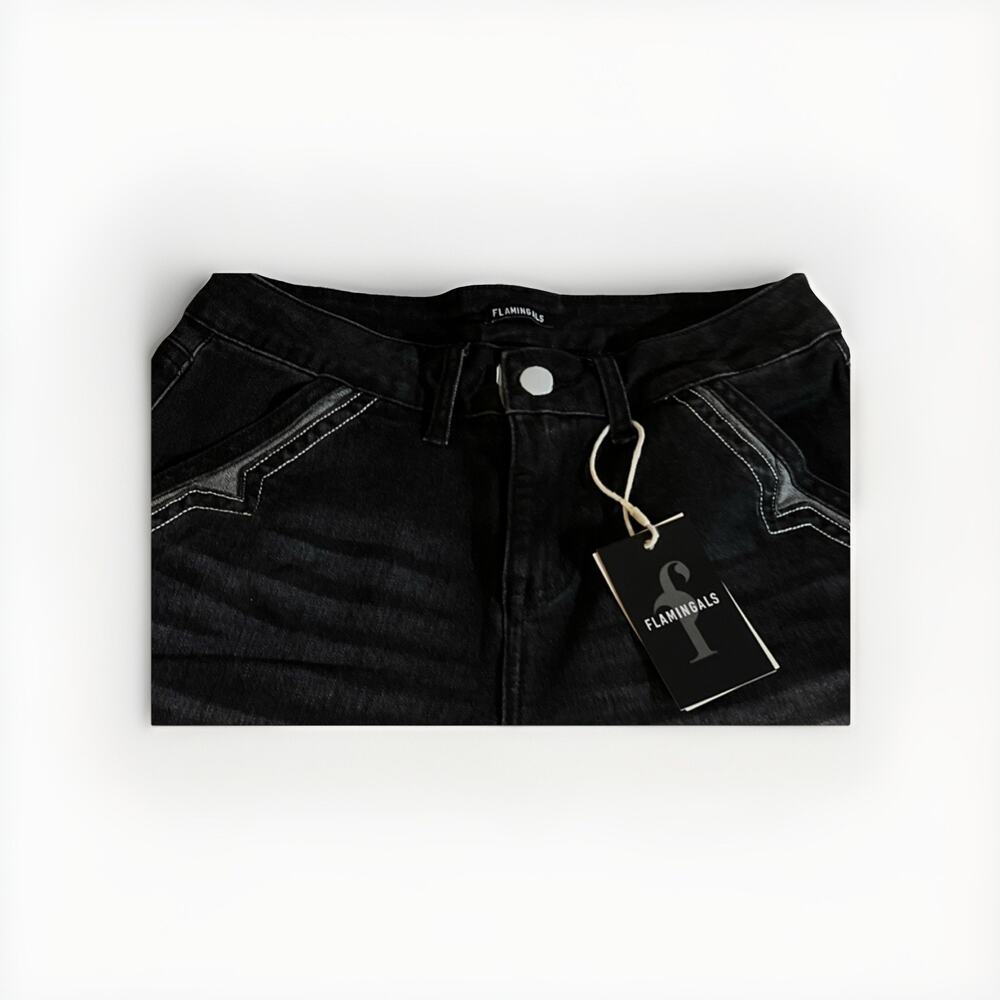 Flamingals Wide-Leg Black Denim Jeans High Rise Button Zip - Picture 4 of 8